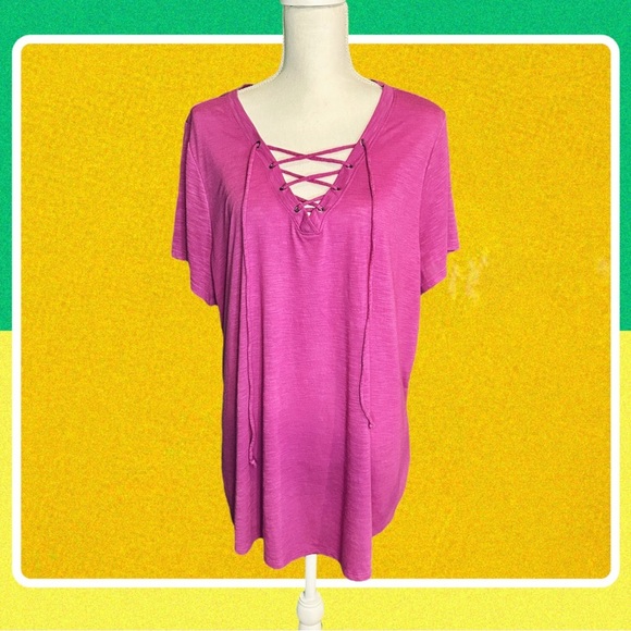 Lane Bryant Orchid Pink / Purple Lace Up V-Neck Short Sleeve Slub Knit Tee 22/24 - Picture 1 of 7